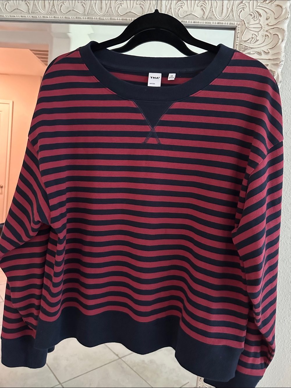 Aritzia TNA Mighty Cotton Wicket Striped Crewneck in Burgundy and Navy